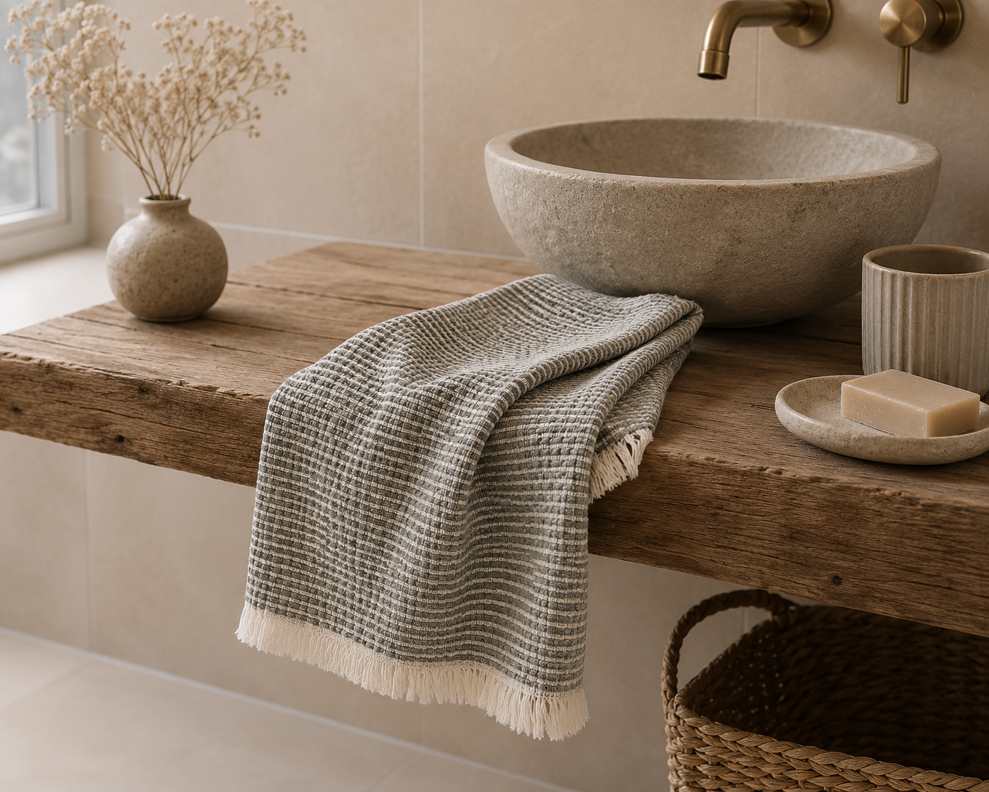 Naturel gastendoek met groen/grijze strepen van Mijn Stijl op een houten badkamerplank naast een natuurstenen waskom. Sfeervolle badkamer in warme, natuurlijke tinten.