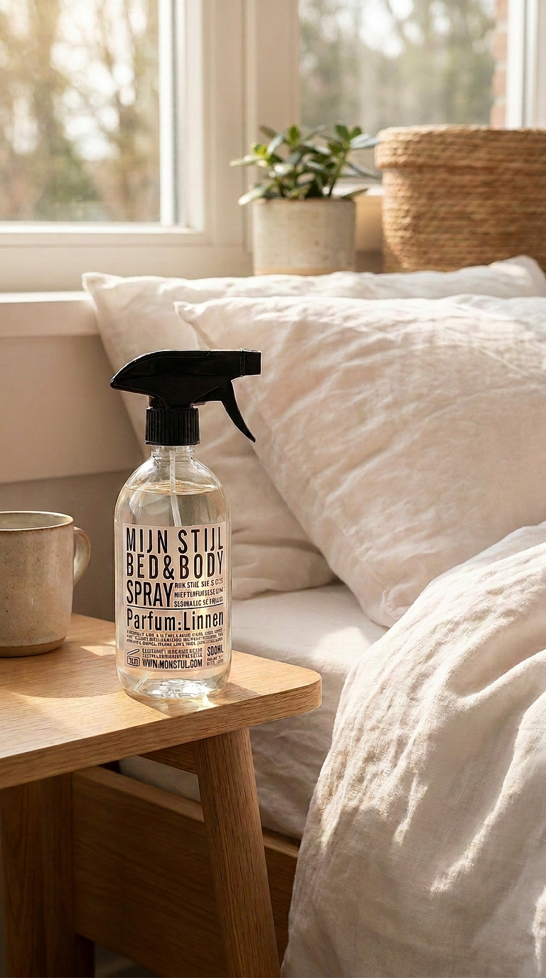 Mijn Stijl Bed & Body Spray Linnen 500 ml in een lichte slaapkamer met naturel beddengoed