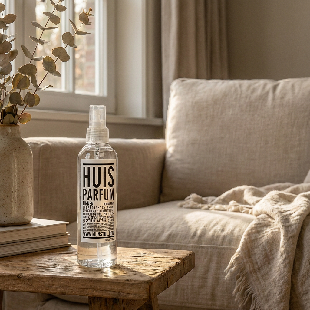 Mijn Stijl roomspray Linnen 250 ml op een houten tafel in een licht, naturel interieur