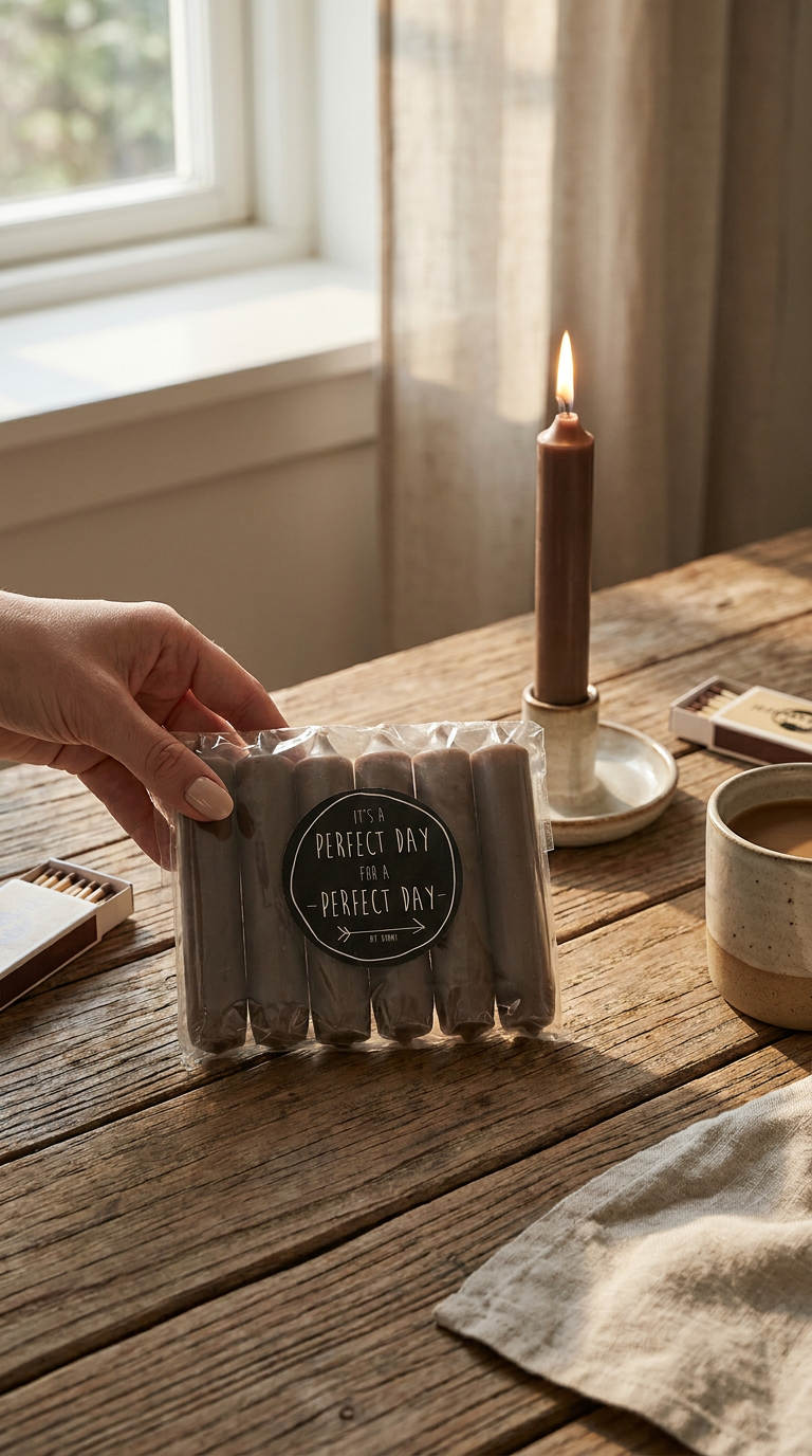 zakje cadeau dinerkaarsen in de kleur espresso op houten tafel met brandende kaars op de achtergrond