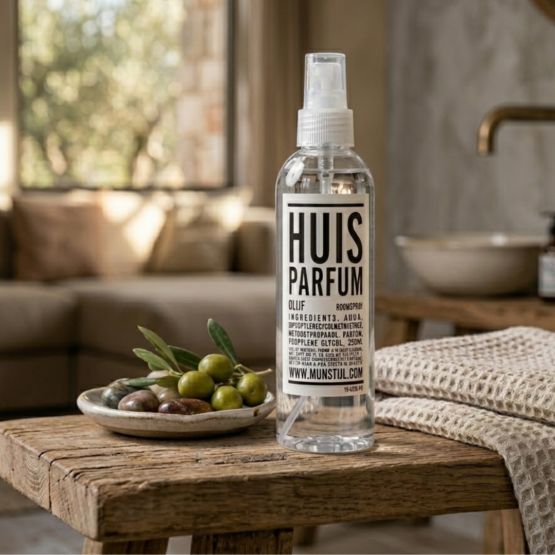 Mijn Stijl roomspray Olijf (250 ml) in een transparante fles met verstuiver, sfeervol geplaatst op een robuuste houten bank of plank. Links van de fles staat een klein, rustiek schaaltje gevuld met stenen en verse olijven aan een takje. Rechts ligt een beige doek of handdoek met een grove wafelstructuur, tegen een zacht verlichte achtergrond van een woonkamer en een nostalgische kraan met waskom.