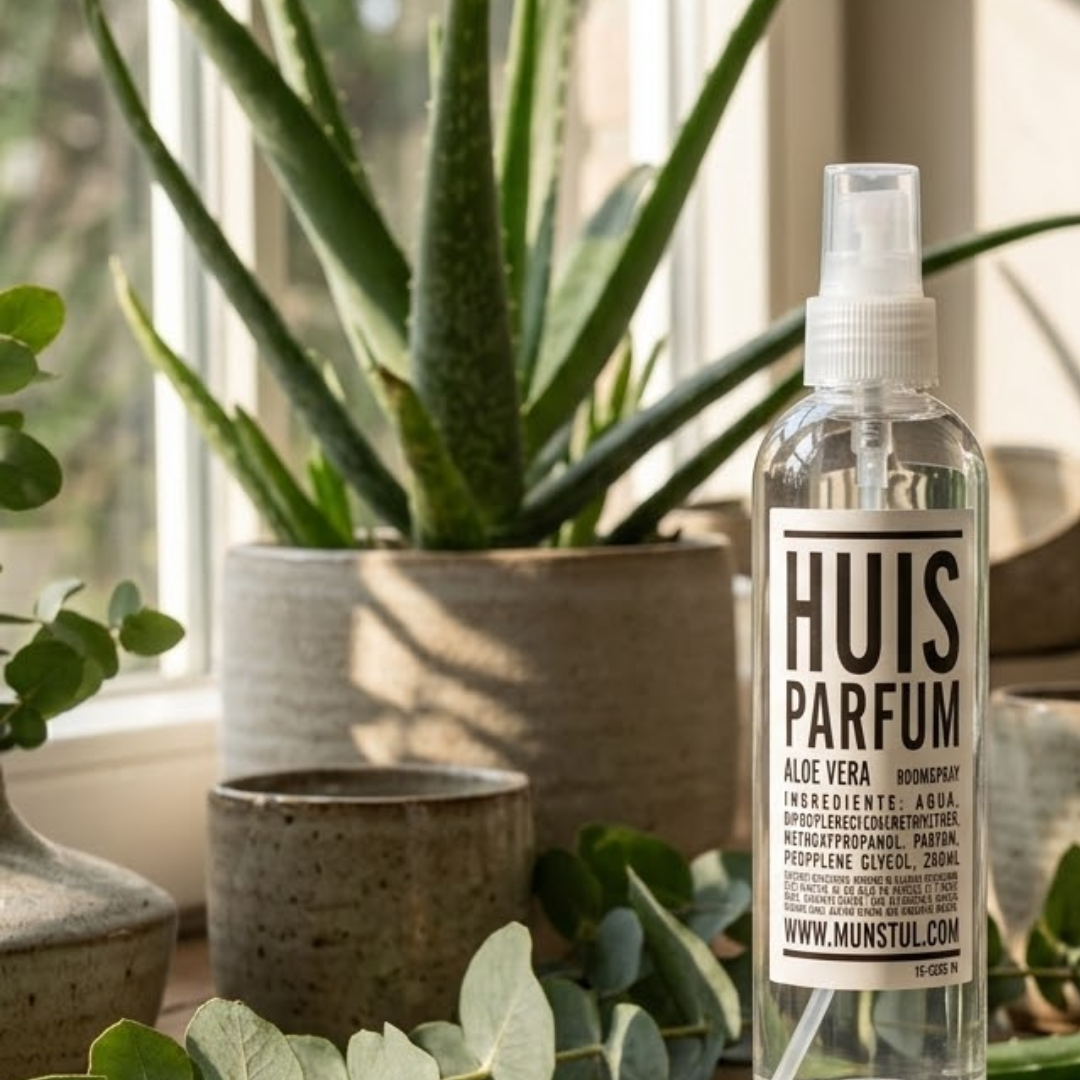 Mijn Stijl roomspray Aloë Vera (250 ml) in een transparante fles met verstuiver, rechts op de voorgrond gepresenteerd. Op de achtergrond staat een grote, lichte pot gevuld met een aloë vera-plant in het zonlicht bij het raam. Links op de voorgrond sieren groene eucalyptusbladeren en een klein, gespikkeld potje het natuurlijke en frisse geheel.