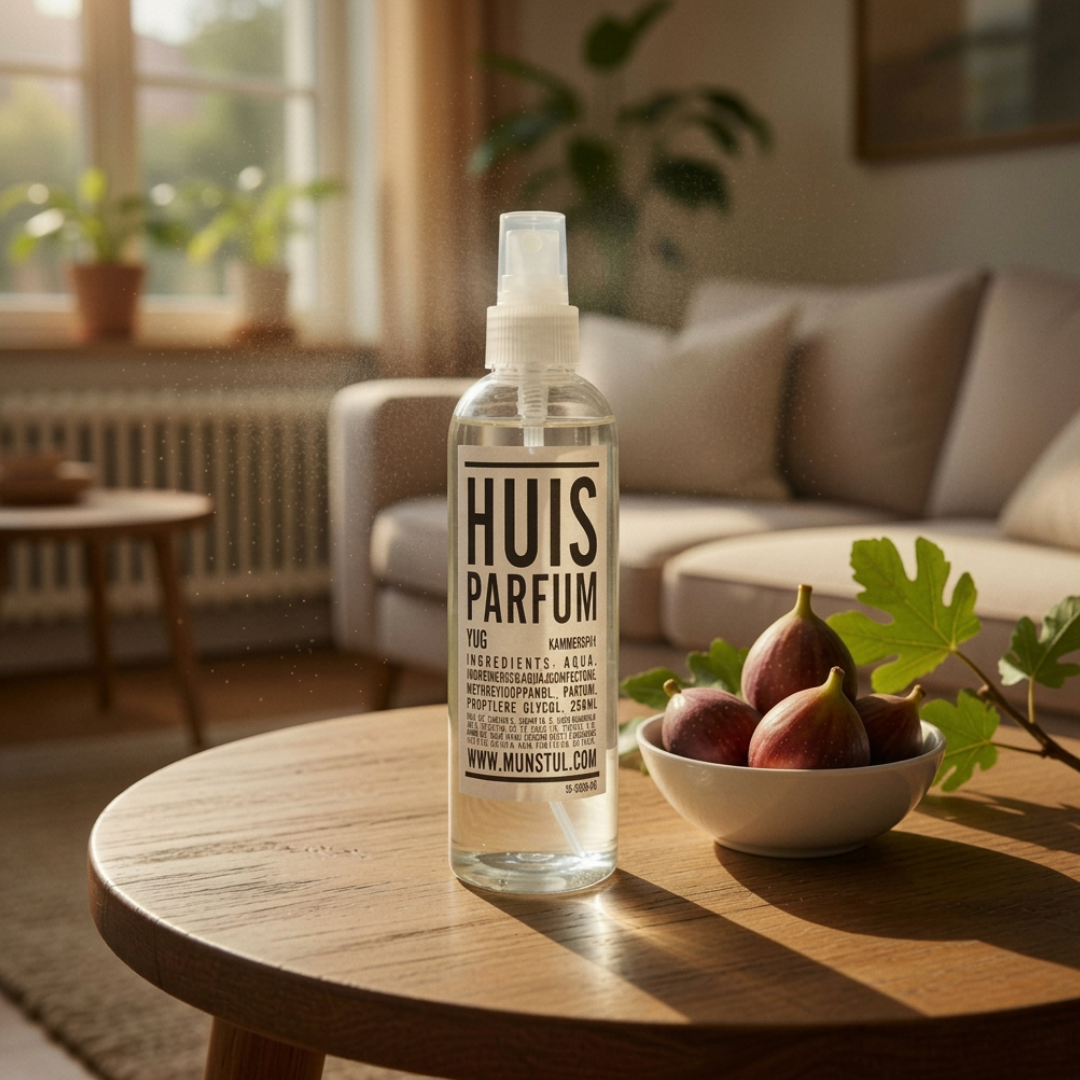 Mijn Stijl roomspray Vijg (250 ml) in een transparante fles met verstuiver, staand op een ronde houten salon- of bijzetgelegenheid in een sfeervolle huiskamer. Rechtsnaast de fles staat een wit schaaltje gevuld met verse vijgen en een groen vijgenblad. De achtergrond toont een gezellige, zacht verlichte woonkamer met een comfortabele bank en kamerplanten in de vensterbank.