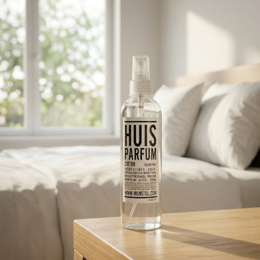 Mijn Stijl roomspray Cotton (250 ml) in een transparante fles met verstuiver, geplaatst op de hoek van een licht, modern nachtkastje of tafeltje. Op de achtergrond is een zacht verlicht raam te zien en de hoek van een comfortabel bed met een kussen, wat zorgt voor een serene en rustgevende slaapkamersfeer.