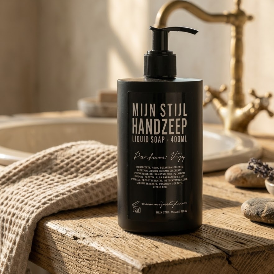 Mijn Stijl handzeep Vijg (400 ml) in een stoere zwarte fles met pompje, gepresenteerd op een modern, gespikkeld aanrechtblad naast een donkere designkraan. Links ligt een beige, geweven handdoek met wafelstructuur, met daarachter een rustiek schaaltje met een houten afwasborstel en een snijplank tegen de wand. Rechtsachter staat een lichte pot gevuld met een groene plant.