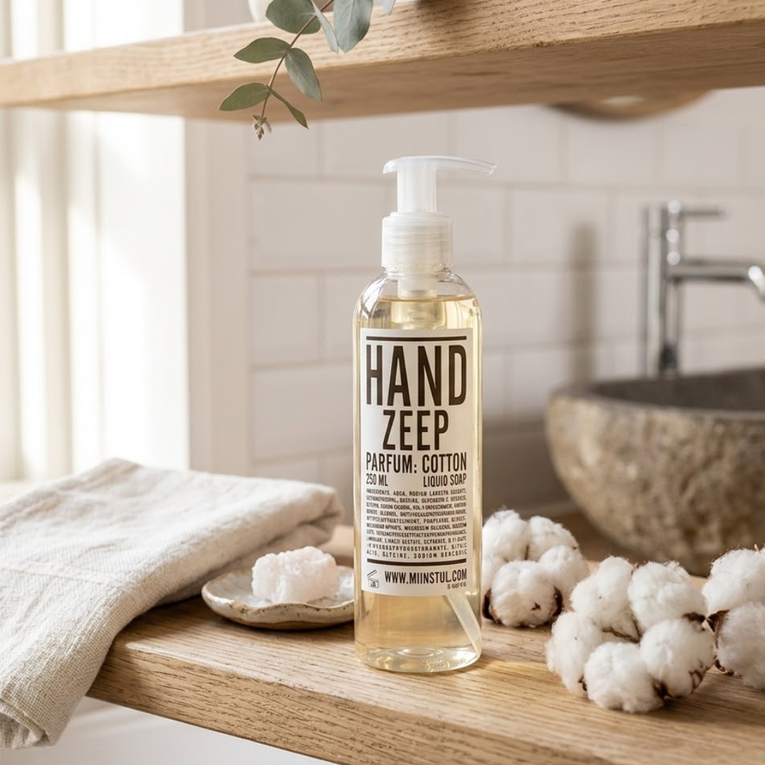 Mijn Stijl handzeep Cotton (250 ml) in een transparante fles, staand op een houten oppervlak. Rechts op de voorgrond liggen plukken witte katoenbollen en linksachter staat een klein, rustiek schaaltje met een zeepje. Op de achtergrond is een lichte waskom met een wazig zichtbare kraan te zien onder een houten plank met een eucalyptustakje.
