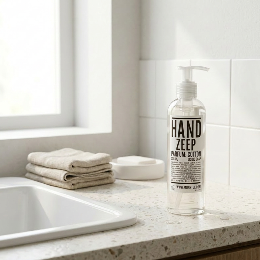 Mijn Stijl handzeep Cotton (250 ml) in een transparante fles, geplaatst aan de rechterkant van een lichte wastafel. Links ligt een klein stapeltje van twee beige, opgevouwen handdoeken tegen een achtergrond van een minimalistische, lichte wand.