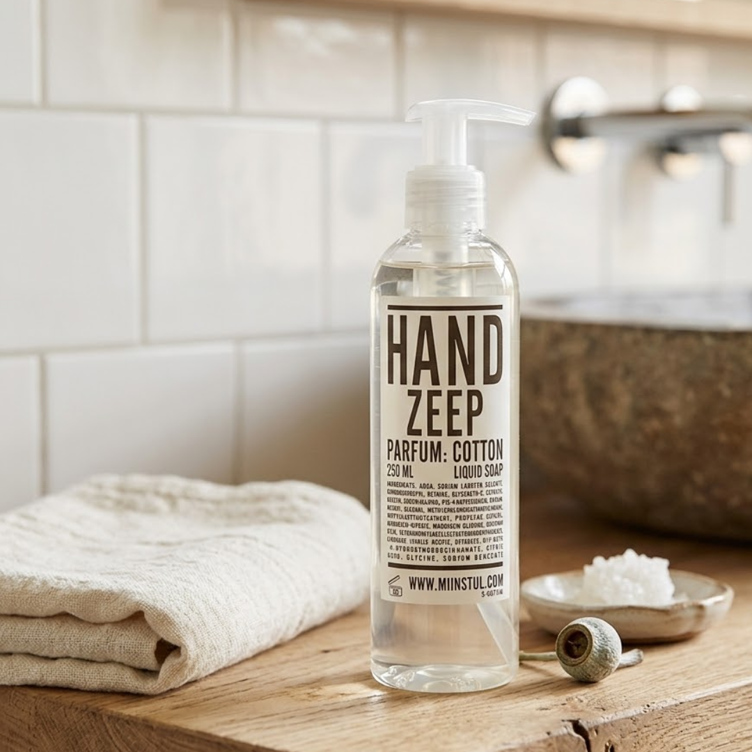 Mijn Stijl handzeep Cotton (250 ml) in een transparante fles, staand op een houten blad. Links ligt een beige handdoek opgevouwen. Rechtsachter staat een klein, rond schaaltje met zeepvlokken of een zeepje, met daarvoor een kleine, ronde houten massageborstel of accessoire. De achtergrond bestaat uit een lichte, betegelde wand.