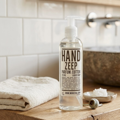 Mijn Stijl handzeep Cotton (250 ml) in een transparante fles, staand op een houten blad. Links ligt een beige handdoek opgevouwen. Rechtsachter staat een klein, rond schaaltje met zeepvlokken of een zeepje, met daarvoor een kleine, ronde houten massageborstel of accessoire. De achtergrond bestaat uit een lichte, betegelde wand.
