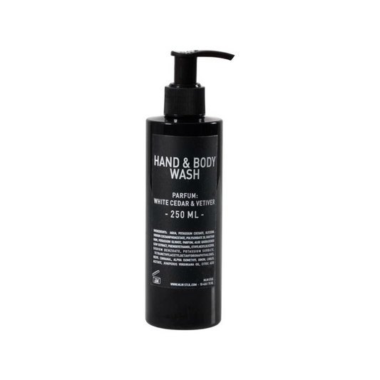 Mijn Stijl hand & bodywash White cedar & vetiver in 250 ml zwarte fles met pompje