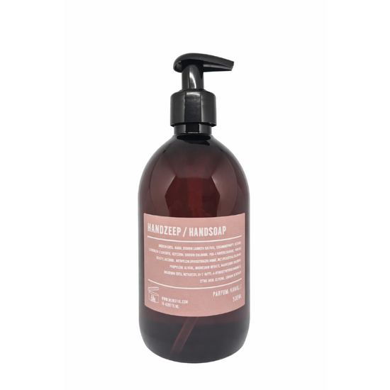 Mijn Stijl handzeep Kamille in 500 ml bruine fles met pompje en roze etiket